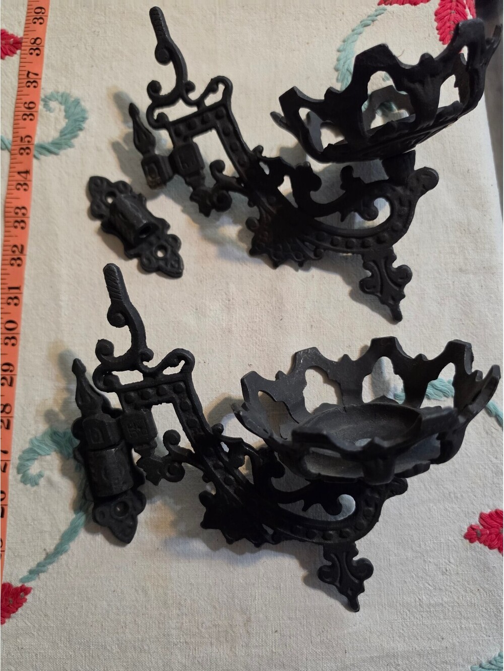 Pair Antique Victorian Cast Iron Swing Arm Oil Lamp Wall Bracket Ornate Eastlake